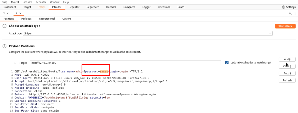 burp brute forcing DVWA