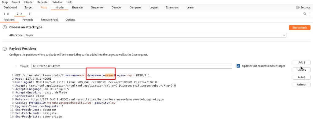 burp brute forcing DVWA