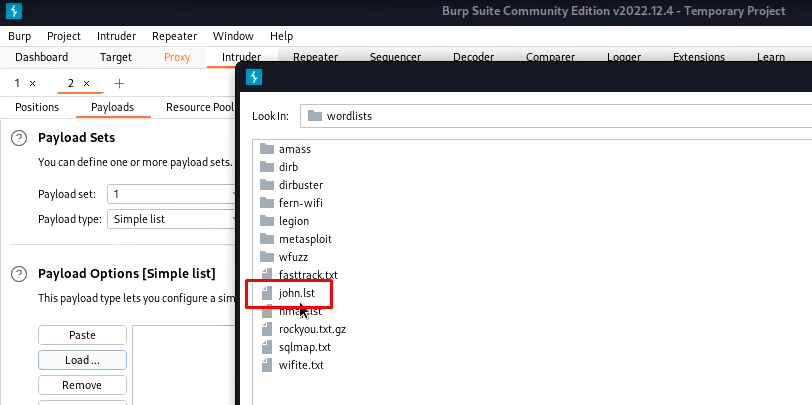 Burp selecting word list