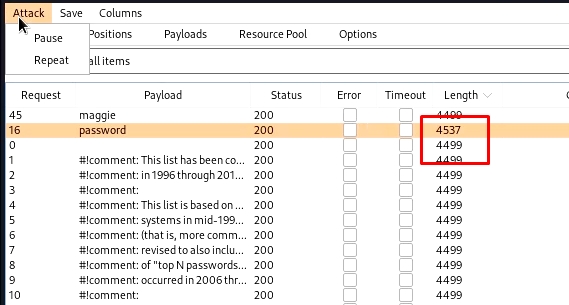 burp brute force DVWA low difficulty